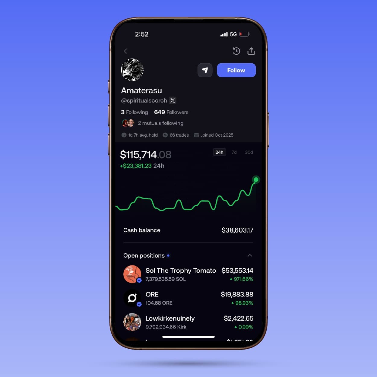 Trader profile showing portfolio and performance